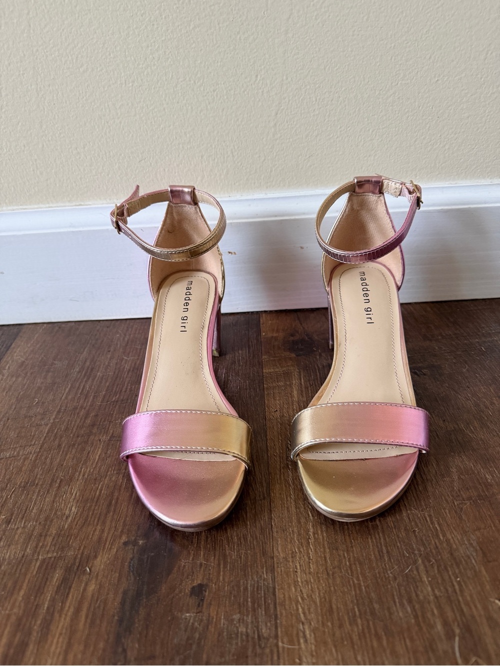 Madden Girl Iridescent Pink and Gold Ankle Strap Heels